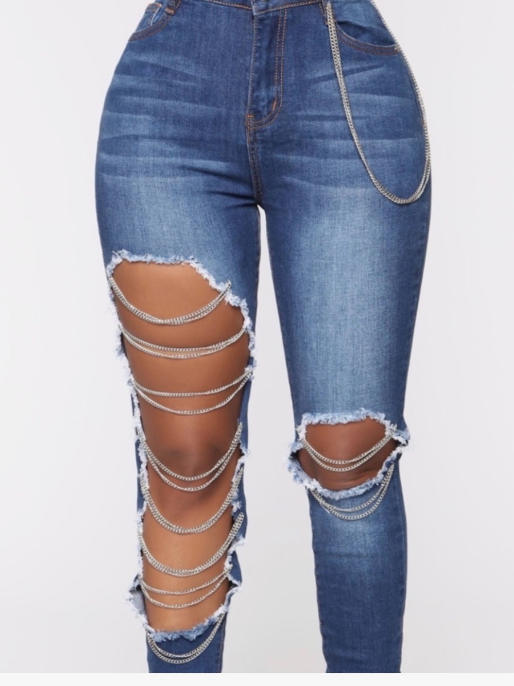 Fashion Nova Dark Blue Distressed Skinny Jeans with Silver Chain Details